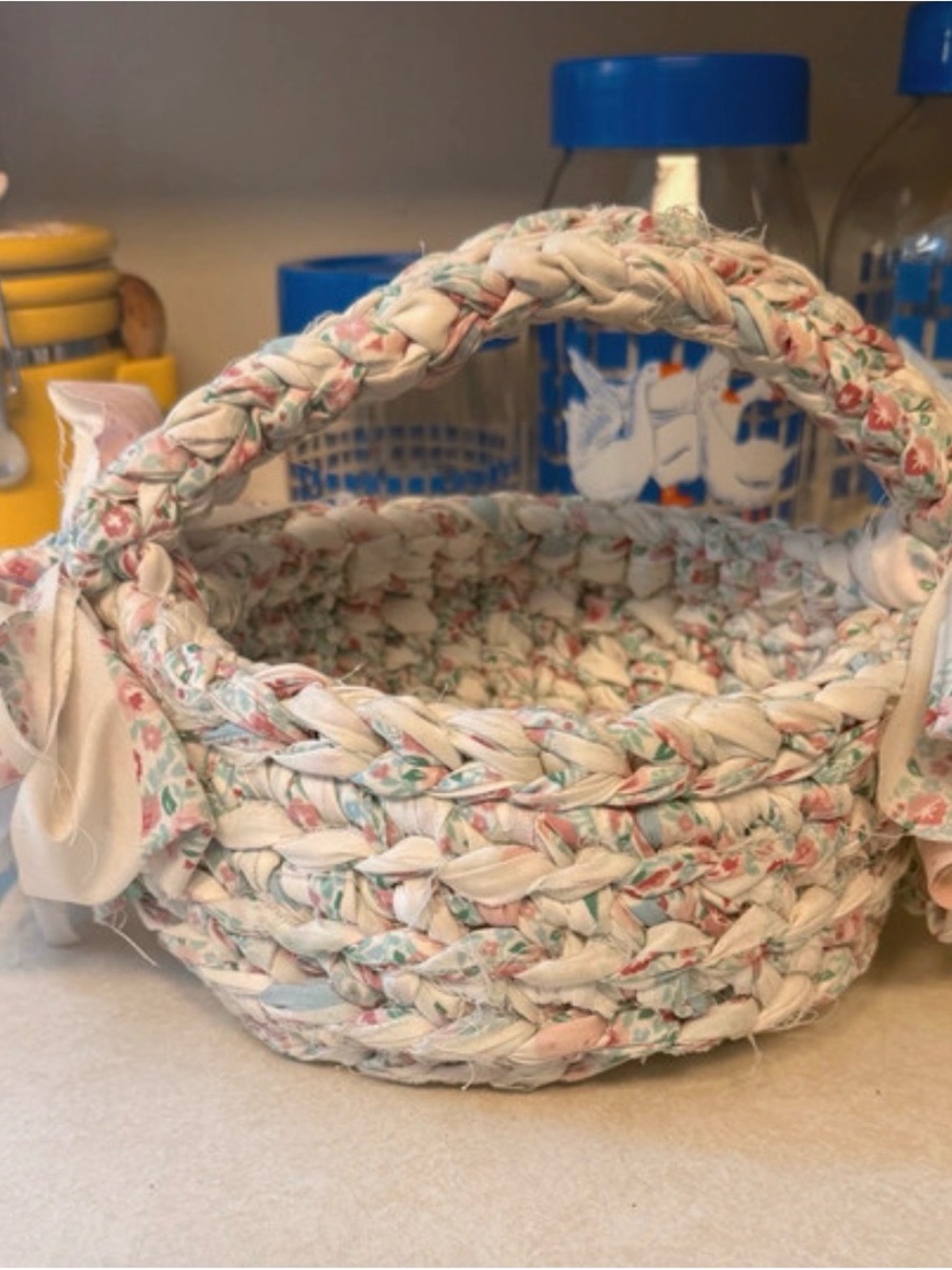 Handmade Floral Braided Basket - Pink & Cream